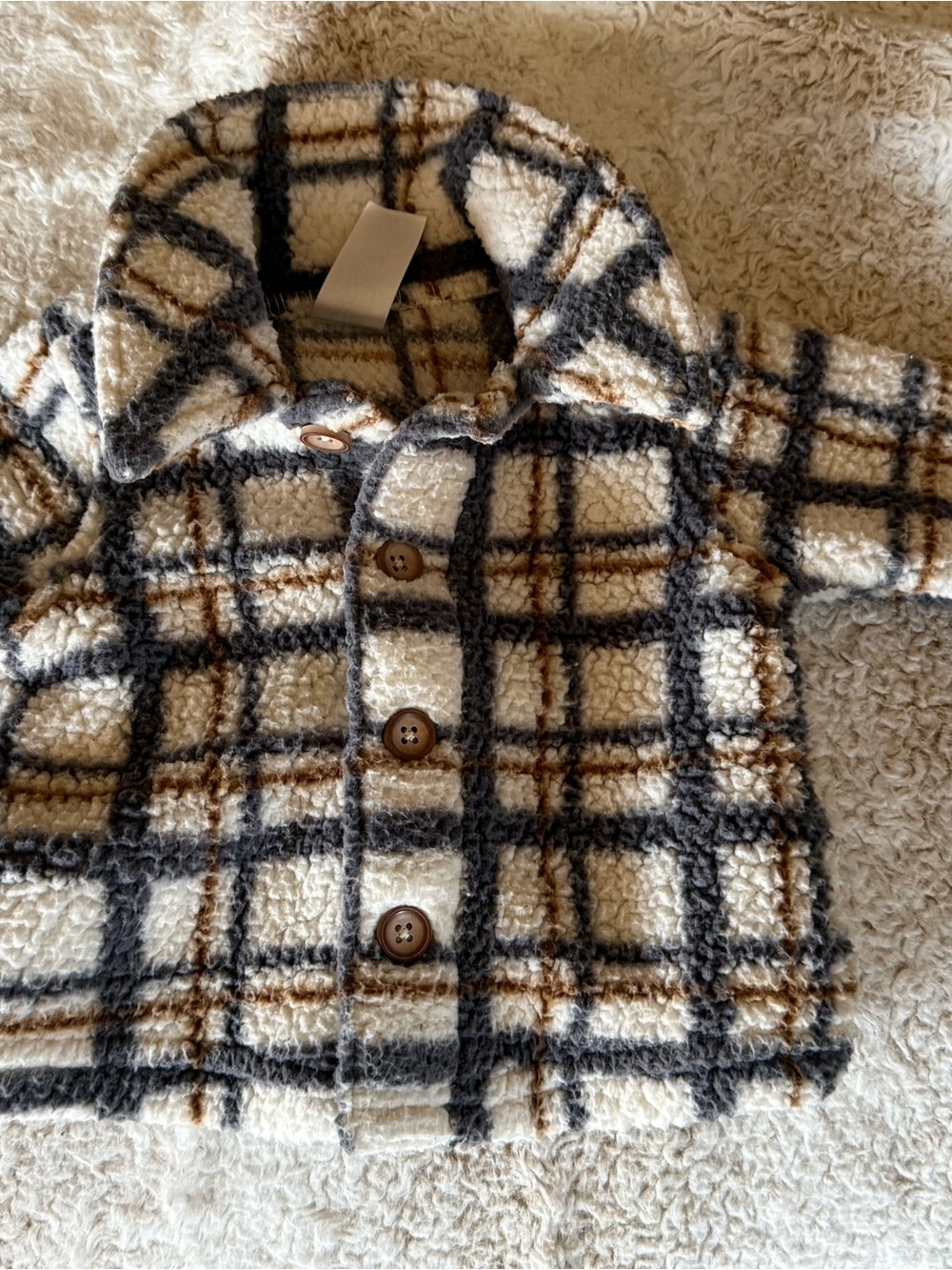 Carter's Plaid Sherpa Button-Up Jacket - Cream, Gray & Brown